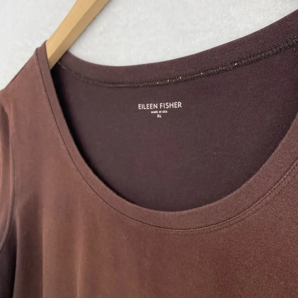 EILEEN FISHER Top XL Stretch Organic Cotton Scoop Neck Cap Sleeve Brown USA - Picture 5 of 9